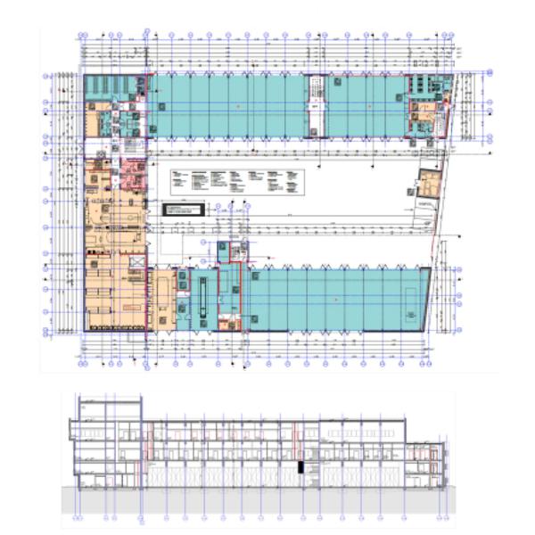 Feuerwache Mainz, Grundriss Erdgeschoss, Längsschnitt Fahrzeughalle mit Techniktrakt M.1:781